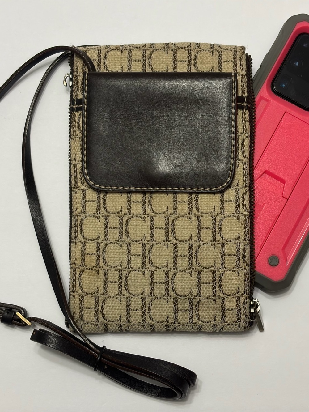 Carolina Herrera CH Monogram Crossbody Shoulder Phone Bag Brown Beige Trim